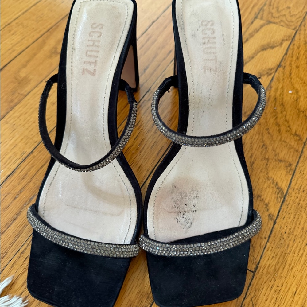 SCHUTZ Black Suede Crystal-Trim High Heel Sandals